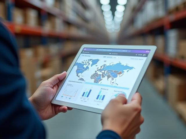 Logistics professional monitoring automotive distribution through a high-tech interface
