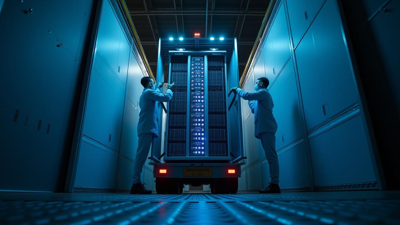 Specialized logistics team carefully loading a high-density server rack into a secure logistics vehicle