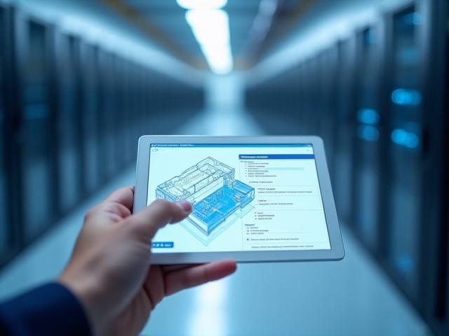 Logistics professional using a specialized digital tablet to coordinate the placement of tech equipment inside a facility