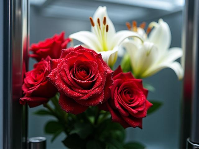 Arrangement of fresh-cut flowers in a climate controlled environment
