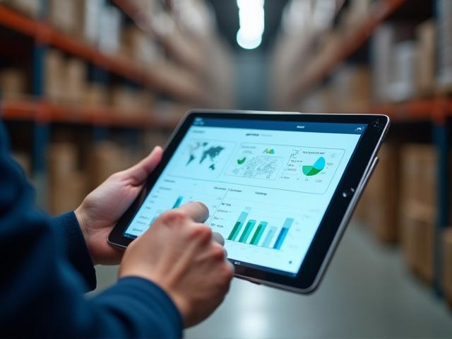 Warehouse worker using a tablet to manage freight for retail distribution