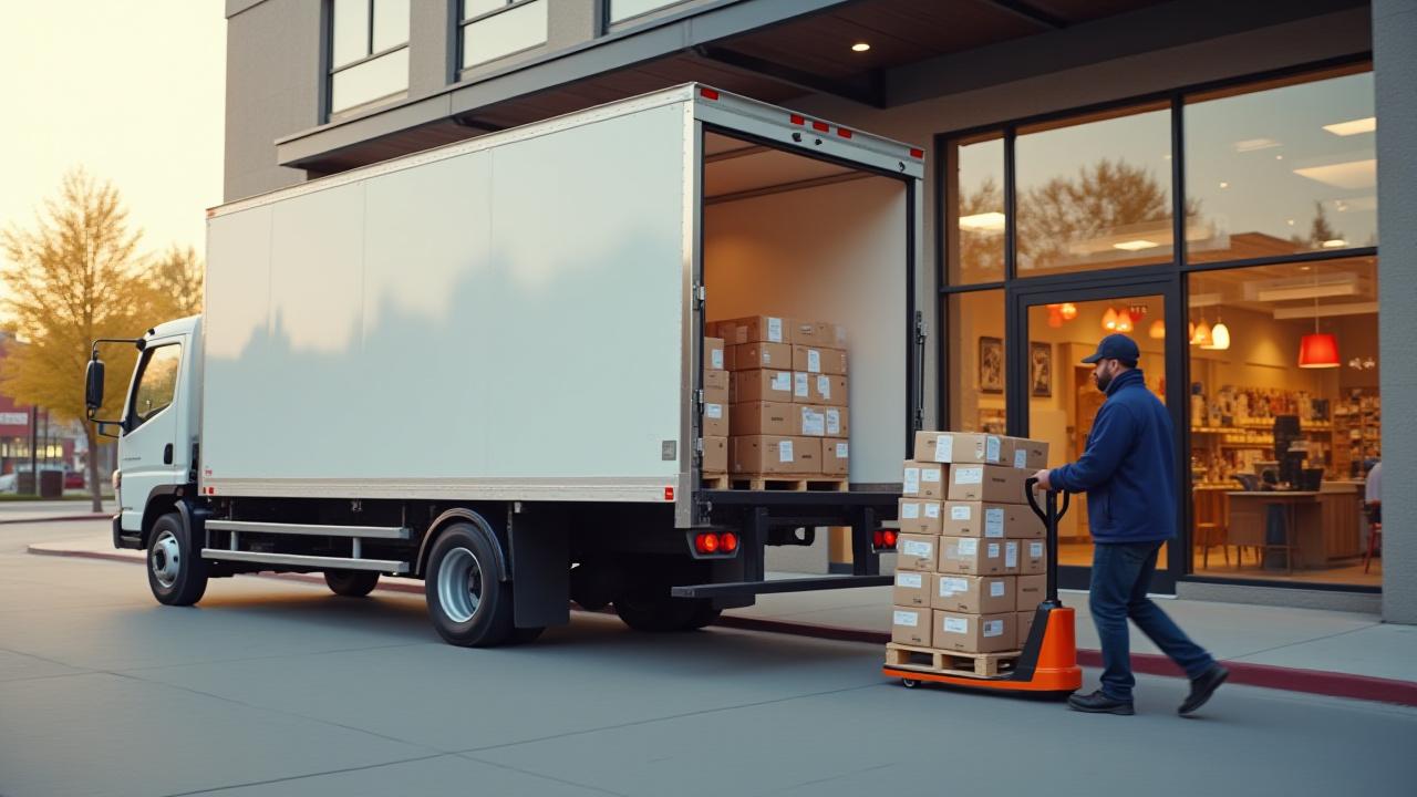 Professional delivery driver unloading a pallet at a modern retail storefront in Denver